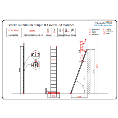 ECHELLE SIMPLE ALUMINIUM SIMPLE H4 METRES, 13 MARCHES