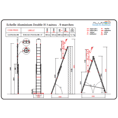 ECHELLE ALUMINIUM DOUBLE H 3 METRE, 9 MARCHES