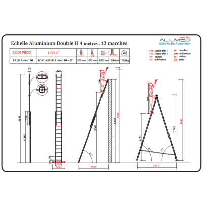 ECHELLE ALUMINIUM DOUBLE H4METRE, 13 MARCHES