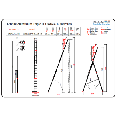 ECHELLE ALUMINIUM TRIPLE H4 METRE , 13 MARCHES