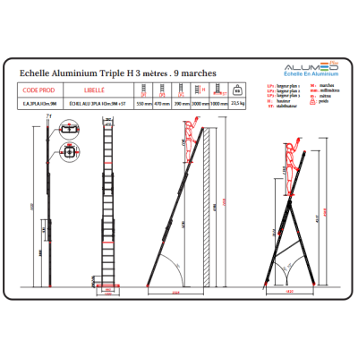 ECHELLE ALUMINIUM TRIPLE  H3METRE, 9 MARCHES