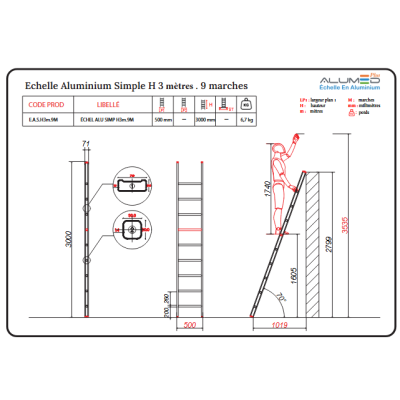 ECHELLE ALUMINUIM SIMPLE H3M 9MARCHES