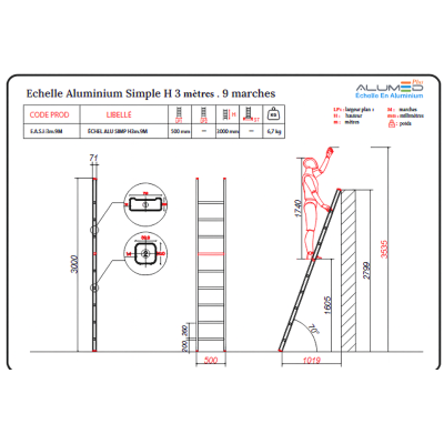 ECHELLE ALUMINUIM SIMPLE H3M 9MARCHES