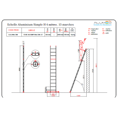 ECHELLE ALUMINIUM SIMPLE H4 METRES, 13 MARCHES