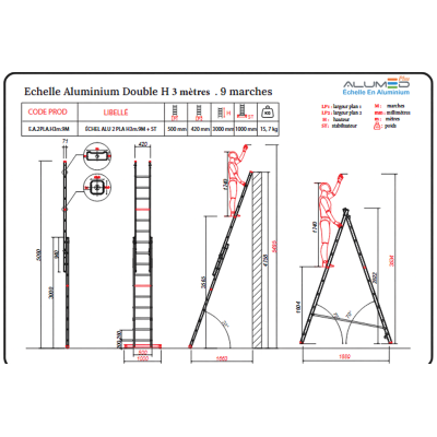 ECHELLE ALUMINIUM DOUBLE H 3 METRE, 9 MARCHES
