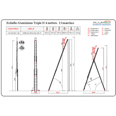 ECHELLE ALUMINIUM TRIPLE H4 METRE , 13 MARCHES