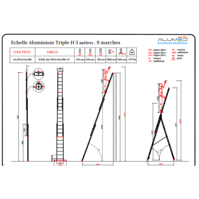 ECHELLE ALUMINIUM TRIPLE  H3METRE, 9 MARCHES